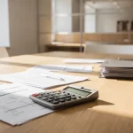 Modernt bankkontor med träskrivbord, finansiella dokument och miniräknare