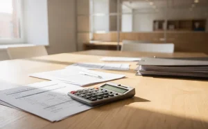 Modernt bankkontor med träskrivbord, finansiella dokument och miniräknare