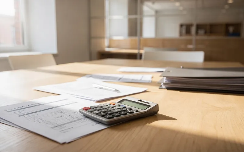 Modernt bankkontor med träskrivbord, finansiella dokument och miniräknare