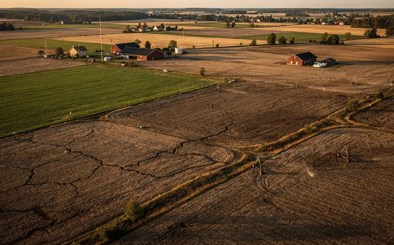 Flygbild över torra jordbruksmarker i Skåne med bevattningsutrustning