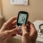 Händer som håller blodsockermätare med testresultat på skärmen