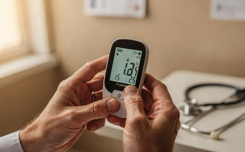 Händer som håller blodsockermätare med testresultat på skärmen