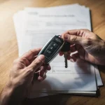 Händer som växlar bilnycklar över papper på skrivbord