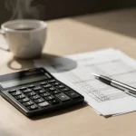 Kalkylator och finansiella dokument på skrivbord för låneuträkningar