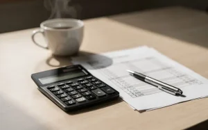 Kalkylator och finansiella dokument på skrivbord för låneuträkningar