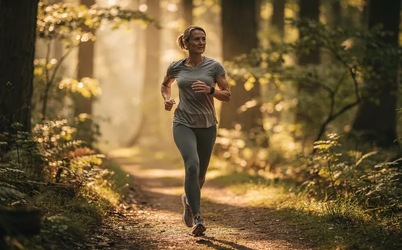 Kvinna joggar i lugnt tempo på skogsstig i gyllene morgonljus