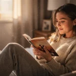 Ung kvinna läser romance-bok i mysig läshörna med varmt ljus