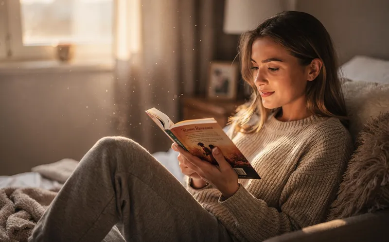 Ung kvinna läser romance-bok i mysig läshörna med varmt ljus