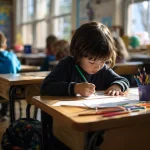 Barn som ritar vid skolbänk i klassrum med varmt eftermiddagsljus