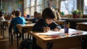 Barn som ritar vid skolbänk i klassrum med varmt eftermiddagsljus