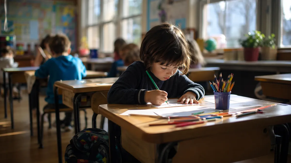 Barn som ritar vid skolbänk i klassrum med varmt eftermiddagsljus