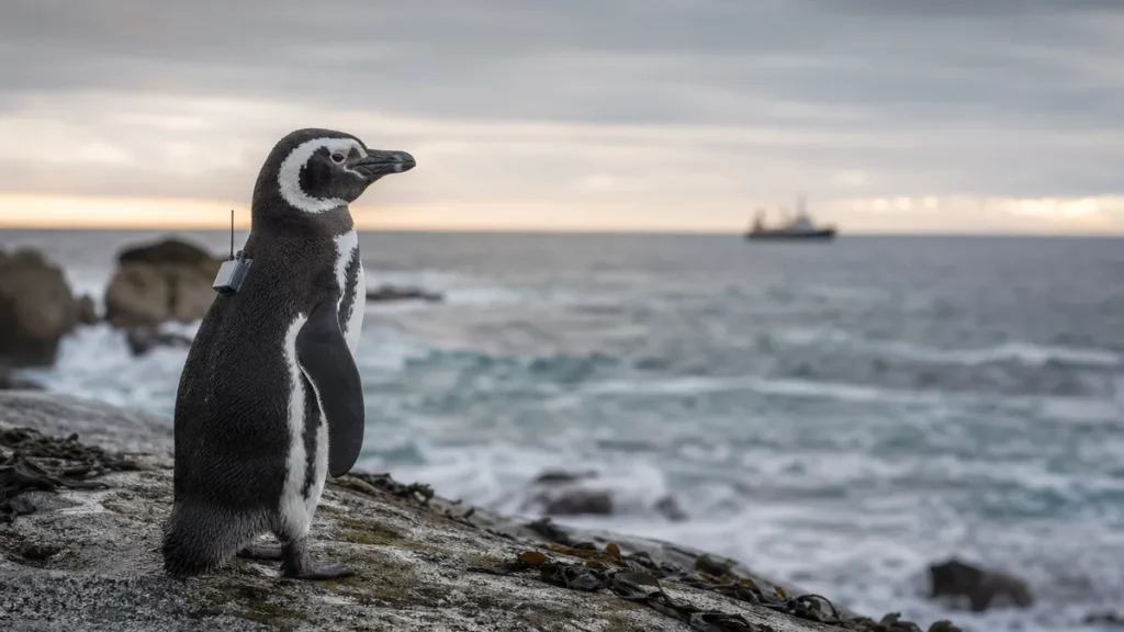 Magellansk pingvin med satellitsändare på klippkust vid havet