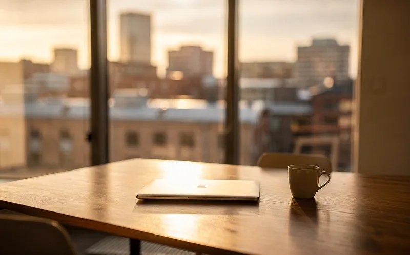 Tomt skrivbord i modernt kontor med kvällsljus genom fönster