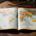 Världskarta som visar de sju världsdelarna i olika färger