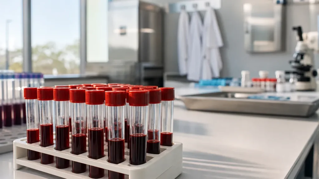 Blodprovsrör på laboratorium för medicinsk analys