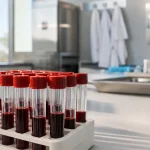 Blodprovsrör på laboratorium för medicinsk analys