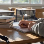 Elevs händer som skriver i anteckningsbok på skolbänk med böcker och pennor