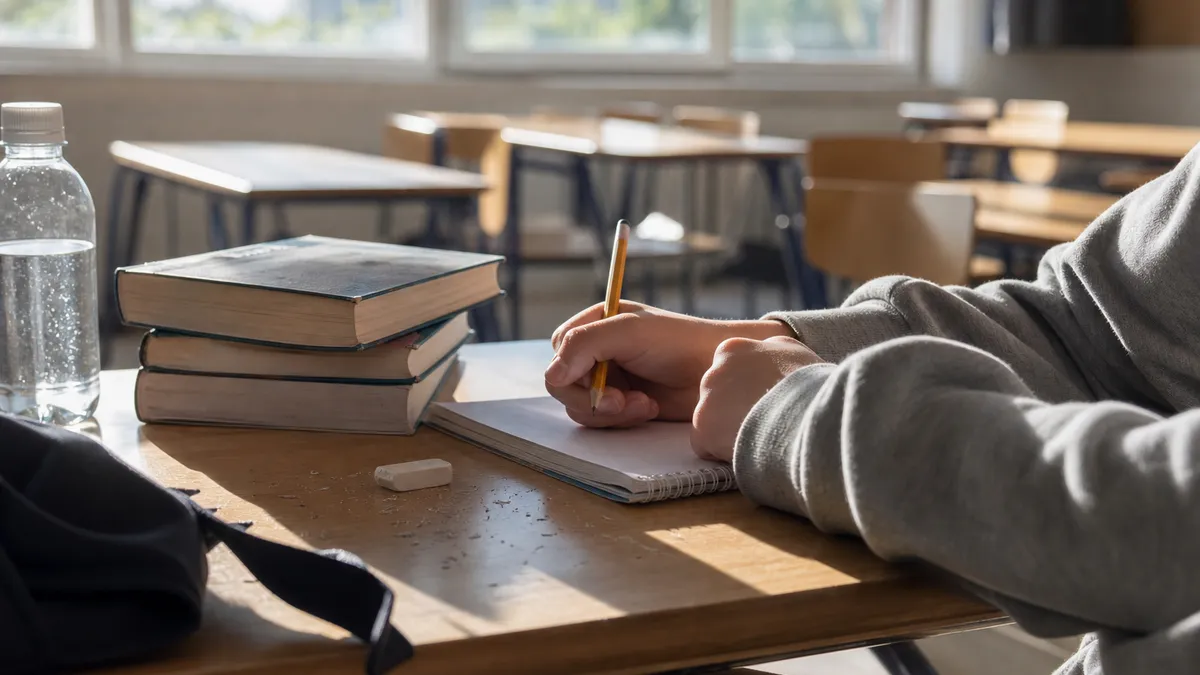 Elevs händer som skriver i anteckningsbok på skolbänk med böcker och pennor