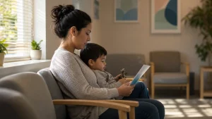 Förälder och barn i väntrum på vårdcentral inför vaccination