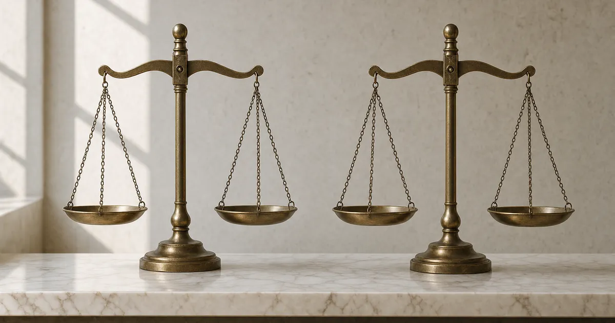 Två rättvisans vågar som symbol för skillnaden mellan ICJ och ICC