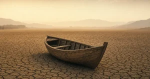 Övergiven båt på torr flodbädd som symbol för klimatflyktingar