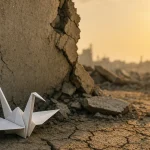 Origami-trana på sprucken jord som symbol för fred och konflikter