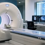 PET/CT-scanner i sjukhusmiljö med bildskärmar i bakgrunden