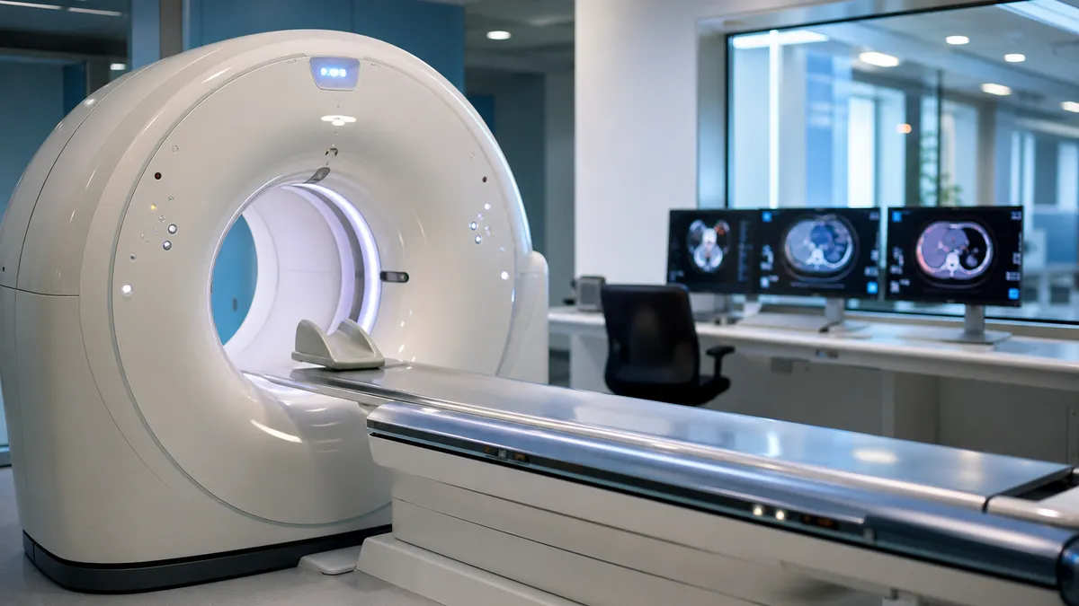 PET/CT-scanner i sjukhusmiljö med bildskärmar i bakgrunden