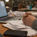 Students händer som håller penna över studiematerial på universitetsbibliotek