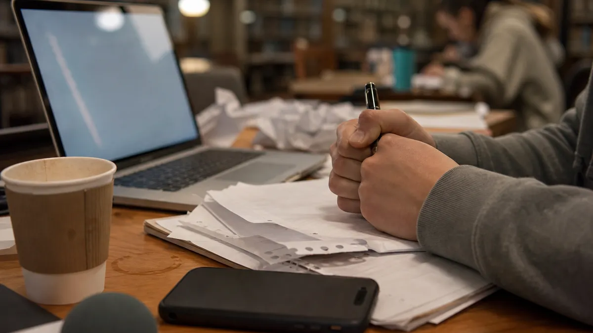 Students händer som håller penna över studiematerial på universitetsbibliotek