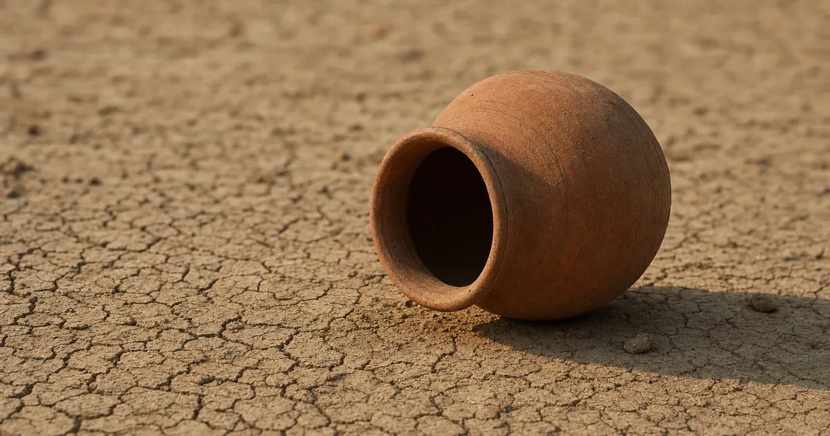 Tom vattenkruka på sprucken jord som symbol för Sudan-krisen