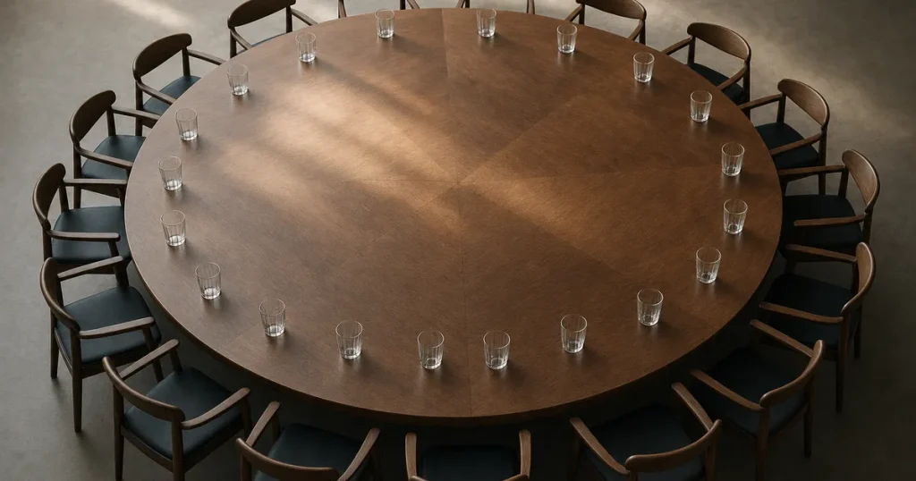 Konferensbord med tjugo glas som symbol för G20