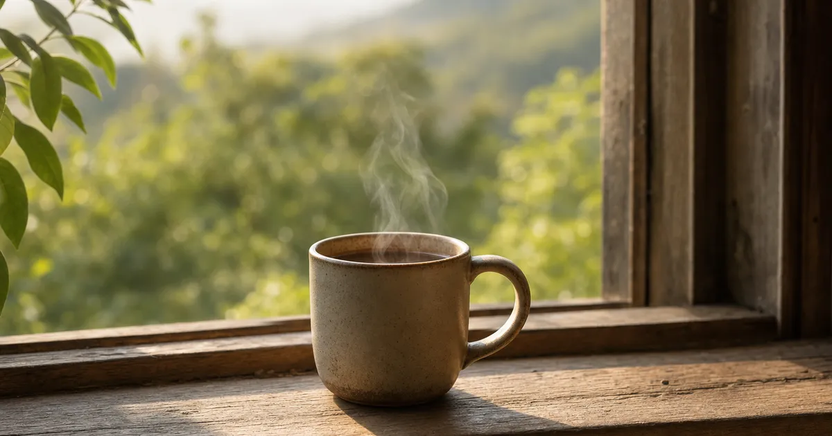 Kaffekopp vid fönster som symbol för världens lyckligaste länder