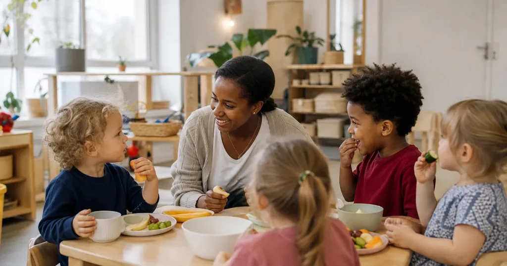 Förskollärare samtalar med barn vid matbordet under lunch på förskolan