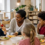 Förskollärare samtalar med barn vid matbordet under lunch på förskolan