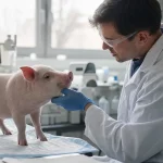 Forskare med handskar håller en petriskål i ett biomedicinskt laboratorium