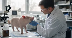 Forskare med handskar håller en petriskål i ett biomedicinskt laboratorium