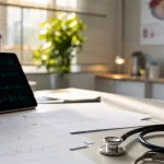 Forskningsarbetsplats med hjärtrytmgrafer och medicinsk utrustning