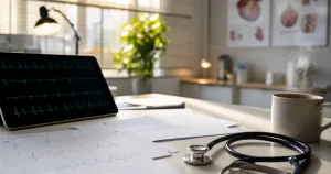 Forskningsarbetsplats med hjärtrytmgrafer och medicinsk utrustning