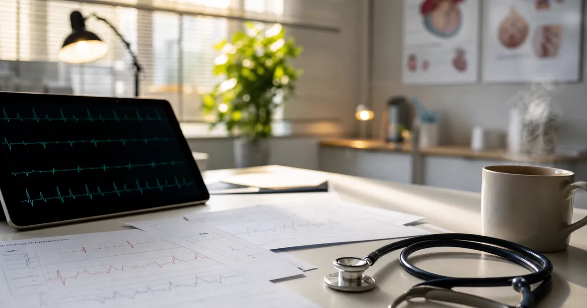 Forskningsarbetsplats med hjärtrytmgrafer och medicinsk utrustning