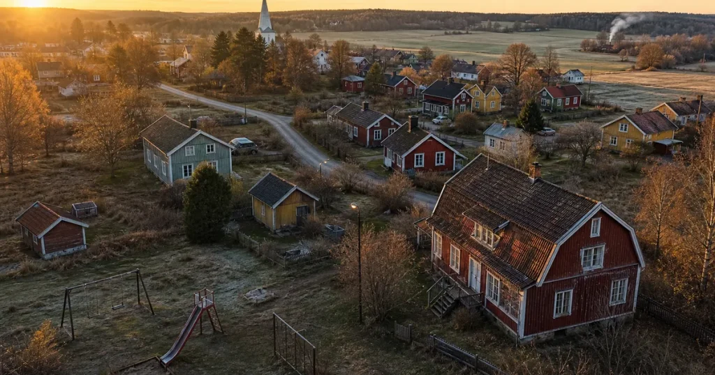Flygvy över liten svensk landsbygdskommun i kvällsljus