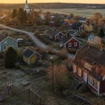 Flygvy över liten svensk landsbygdskommun i kvällsljus