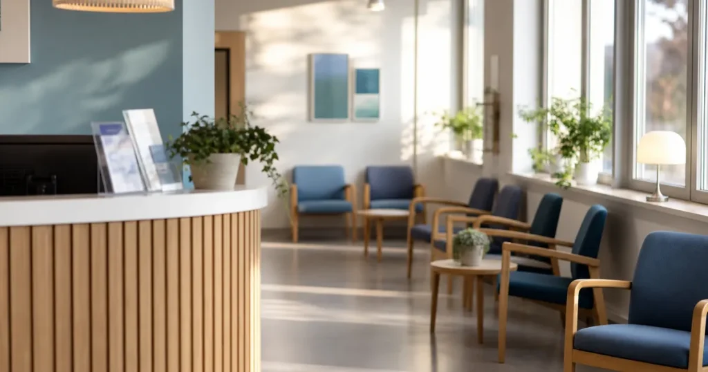 Modern vårdcentral väntrum med naturligt ljus och skandinavisk design