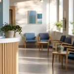 Modern vårdcentral väntrum med naturligt ljus och skandinavisk design