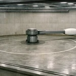 Humancentrifug med inkapslad gondol i en cirkulär forskningshall, sedd genom observationsfönster