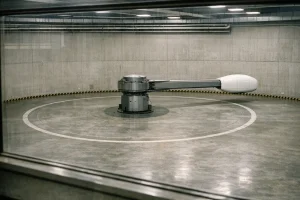 Humancentrifug med inkapslad gondol i en cirkulär forskningshall, sedd genom observationsfönster