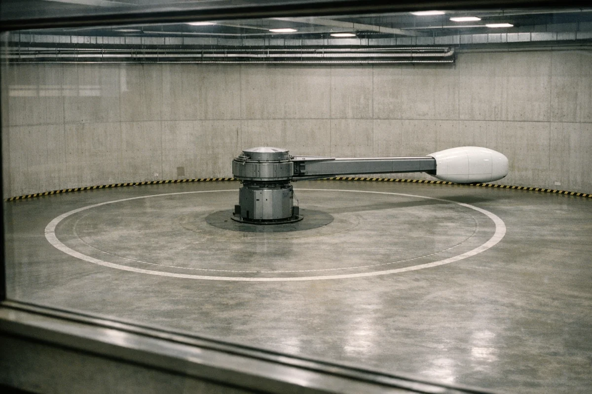 Humancentrifug med inkapslad gondol i en cirkulär forskningshall, sedd genom observationsfönster
