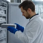 Frysrum med industriella frysskåp i en vetenskaplig provbank, handsklädd hand på ett frysskåphandtag