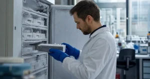 Frysrum med industriella frysskåp i en vetenskaplig provbank, handsklädd hand på ett frysskåphandtag