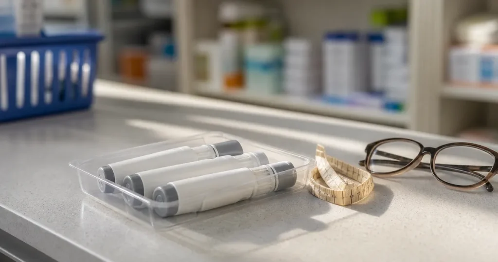 Injektionspennor för viktmedicin på ett apoteksdiskbänk